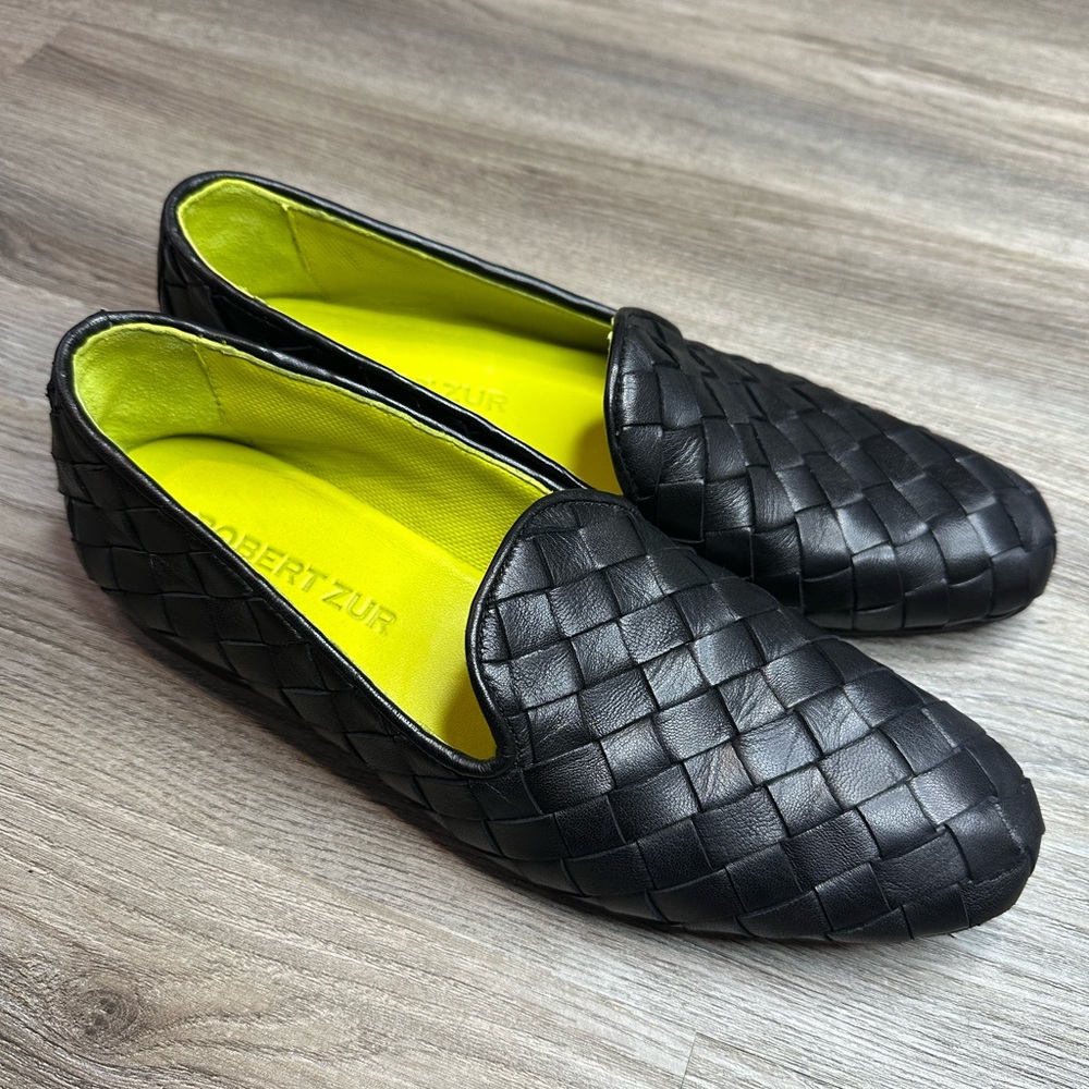 Robert Zur Alyssa Black Woven Leather Slip-On Loafers Womens Sz 8.5